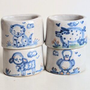 Set of 4 M.A. Hadley Hand-Painted Stoneware Napkin Ring- Cat, Sheep, Duck & Pig